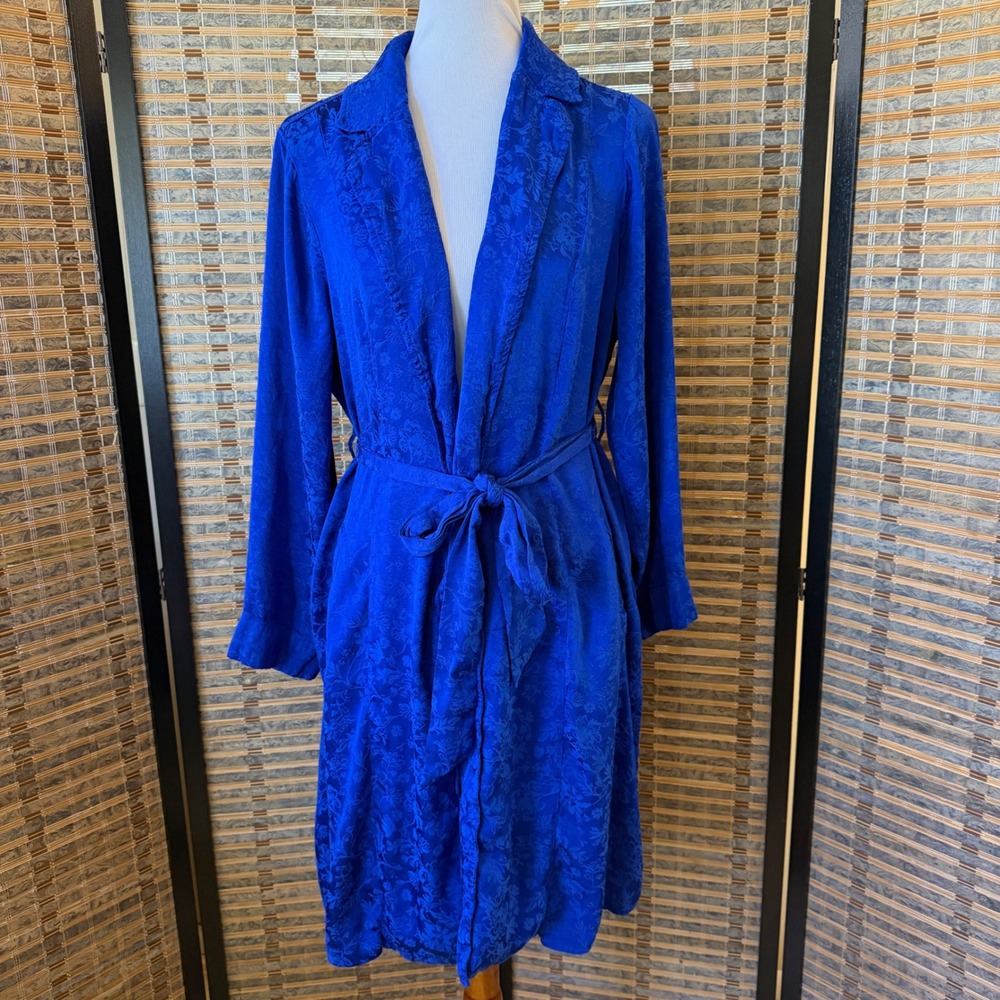 Torrid 2X Blue Floral Jacquard Trench Coat Belted Duster Plus 18 20 Belted